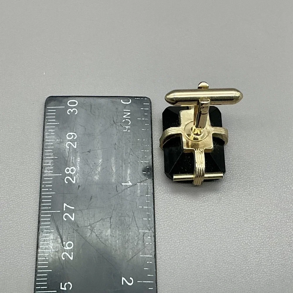 Vintage Mens Cufflinks Gold Tone Black Intaglio Figure Stone Bullet Back Jewelry